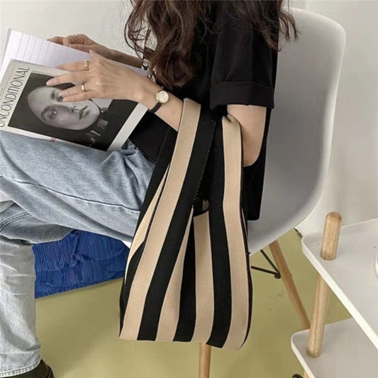 Minimalist Striped Color-Block Knit Shopping Bag