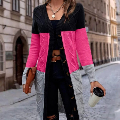 Knitted Cardigan With Color Blocking And Twisted Pattern
