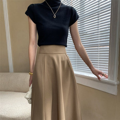 High-Waisted A-Line Midi Skirt in Solid Color