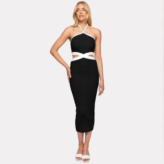 Contrast Color Sleeveless Halterneck Backless Hollow Bodycon Maxi Dress