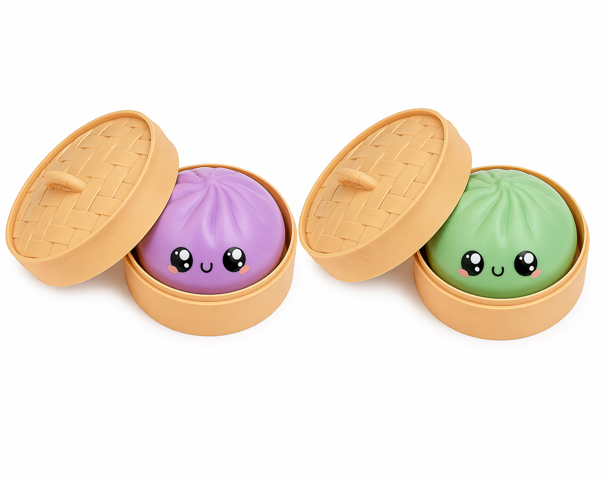 Squishy Dumpling Toys Mystery 2-Pack – Stress Relief Squeeze with Bamboo Steamer Basket, Random Colors Surprise Gift for Kids & Adults
