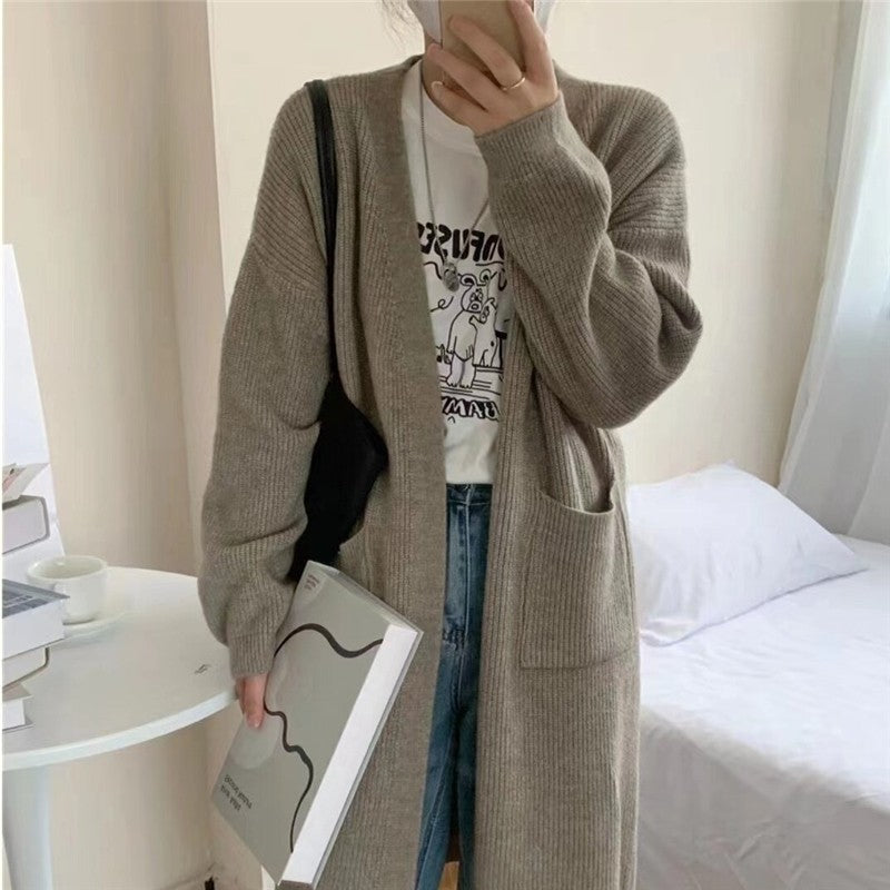 Loose Fit Solid Color Mid-Length Knit Cardigan Coat