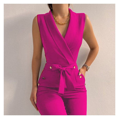 Solid Color V-Neck Sleeveless Jumpsuit - Professional Chic