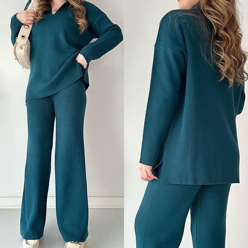 Solid Color Long Sleeve Lapel Top And Pants Knitted Casual Loose Two Pieces Suits