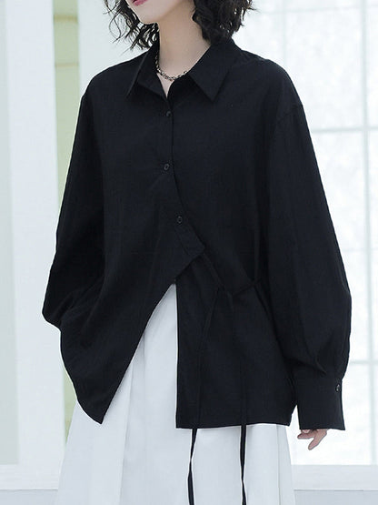 Loose Puff Sleeves Asymmetric Lace-Up See-Through Solid Color Split-Joint Lapel Blouses