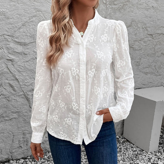 White Lace Embroidered Long Sleeve Blouse