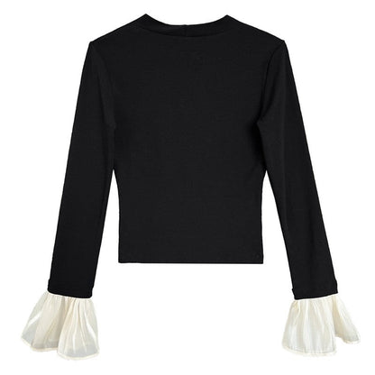 V-Neck Knit Patchwork Flare Sleeve Top