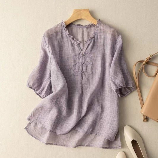 Embroidered Loose Fit V-Neck Short Sleeve T-Shirt