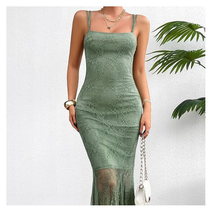 Stylish Lace Sling Dress in Solid Color
