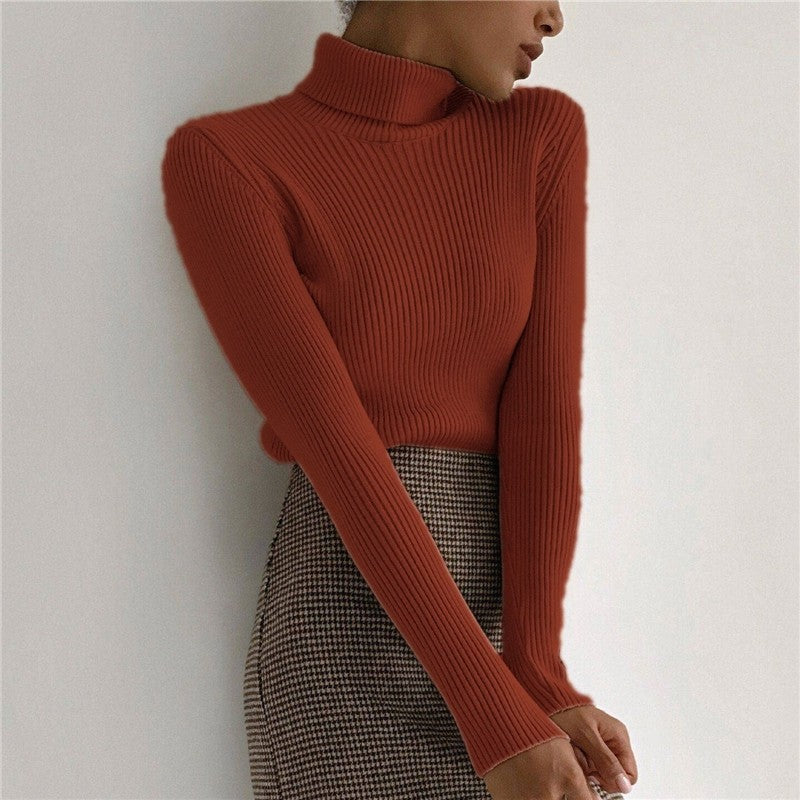 High Neck Pullover Solid Color Sweater