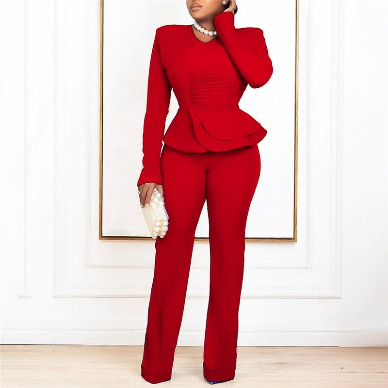 Solid Color Ruffle V-Neck Two-Piece Set