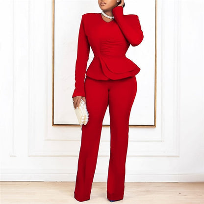 Solid Color Ruffle V-Neck Two-Piece Set