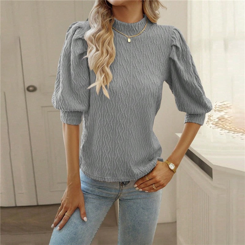 Solid Color Half Turtleneck Half Sleeve Pullover Blouse