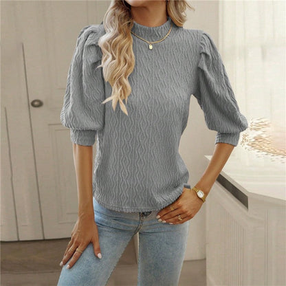 Solid Color Half Turtleneck Half Sleeve Pullover Blouse