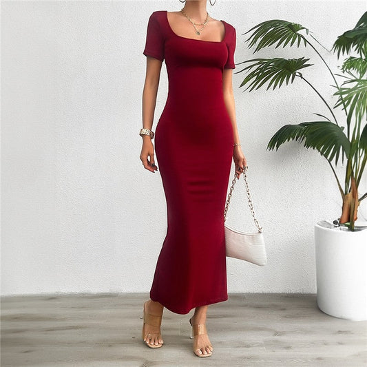 Stylish Solid Color Slim Fit Short Sleeve Dress