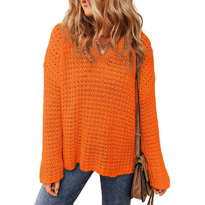 Solid Color Hollow Out Long Sleeve Sweater