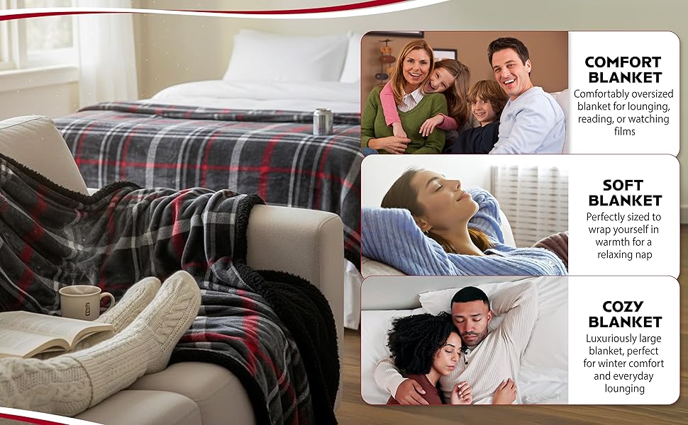 Midnight Plaid Sherpa Throw Blanket 50 x 60 Inches – Soft Fleece Front with Plush Sherpa Backing, Cozy Warm Decorative Throw for Sofa, Couch, Bed & Living Room
