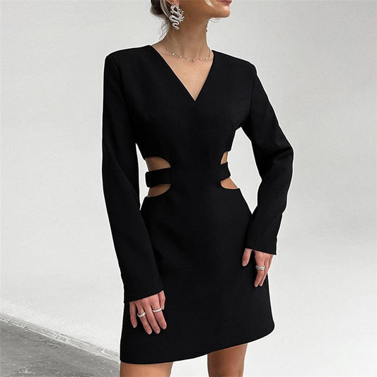 Solid Color Long Sleeve V-Neck Hollow A-Line Mini Dress
