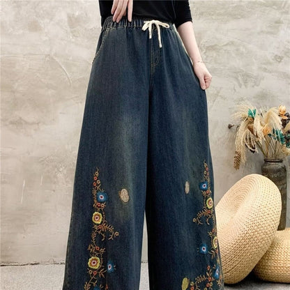 Embroidered High-Waisted Wide Leg Trousers With Tie Waist