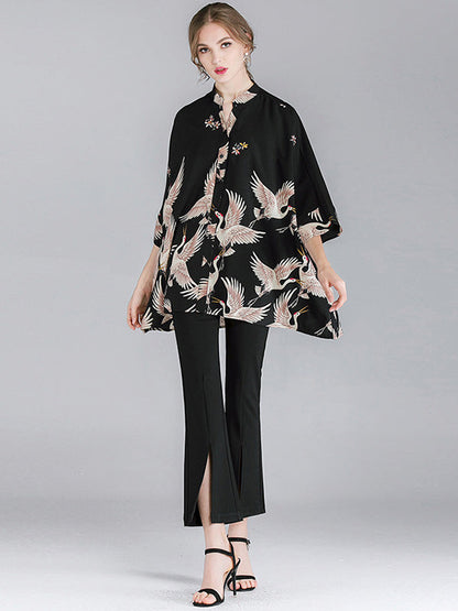 Original Crane Printed Buttoned Stand Collar Half Sleeves Blouse