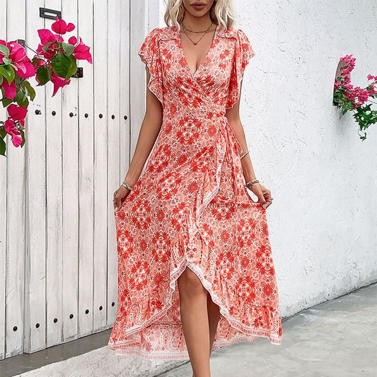 Floral Print Wrap Style V-Neck Dress