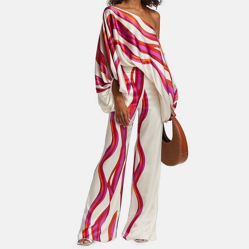 Printed Batwing Sleeve Top with Wide Leg Pants Set