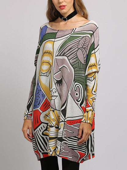 Long Sleeves Loose Figure Printed Boat Neck Knitwear
