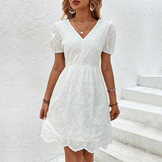 Stylish V-Neck Bubble Sleeve White Dress