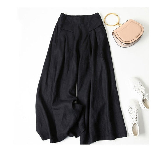 Solid Color Half Elastic Waist Wide Leg Ramie Cotton Pants