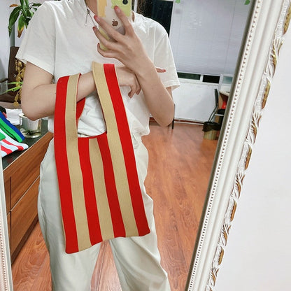 Contrast Color Striped Openning Knitted Handbag