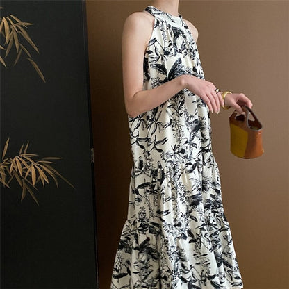 Watercolor Floral Sleeveless Halter Dress