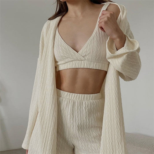 Knitted Bralette, Waist-Tied Cardigan, and Shorts Set - Solid Color Loungewear