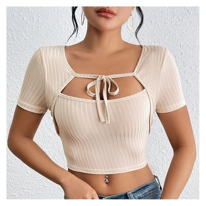 Ribbed Knit Tank Top Set with Square Neck and Belt