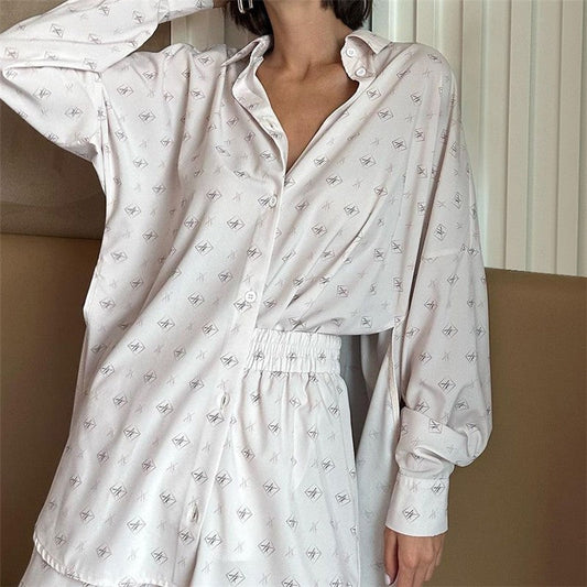 Floral Print White Sateen Pajama Set