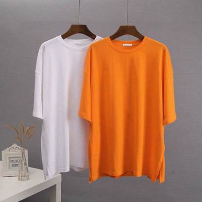 Casual Loose Crewneck T-Shirt with Side Slit - Solid Color