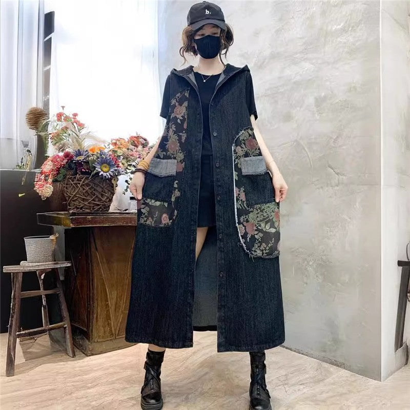 Vintage Loose Fit Hooded Denim Vest With Printed Pattern
