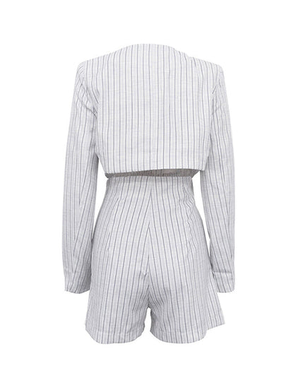 Long Sleeves Knot Split-Joint Striped Deep V-Neck Blouse + High Waisted Pleated Wide Leg Shorts Two Pieces Set
