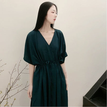 V-Neck Waist-Cinched Slim Fit Dress in Solid Color