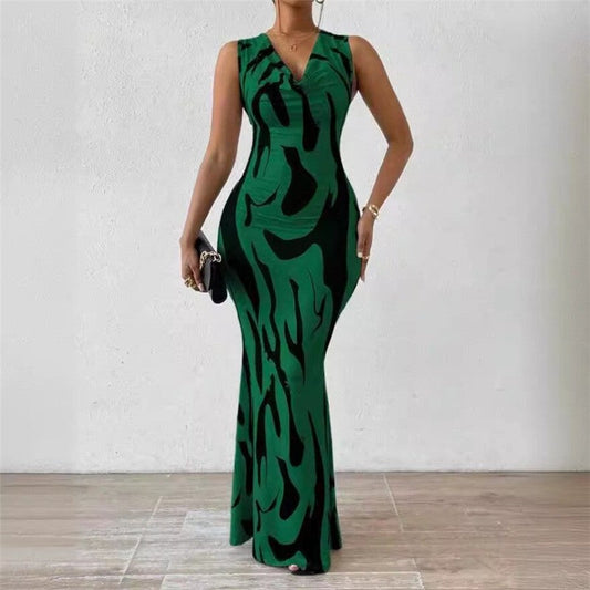Trendy Sleeveless V-Neck Printed Bodycon Dress
