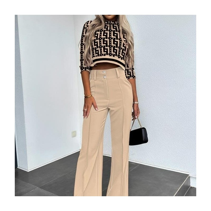 Solid Color Nine-Quarter Sleeve Top and Long Pants Ensemble