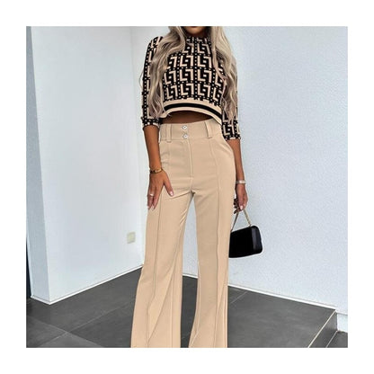 Solid Color Nine-Quarter Sleeve Top and Long Pants Ensemble