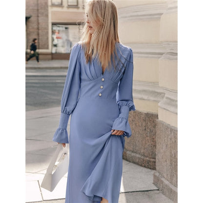 Vibrant V-Neck Midi Dress with Lantern Sleeves and High Waist