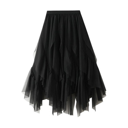 Elastic Waist Mesh Skirt with Irregular Ruffled Hem - Solid Color