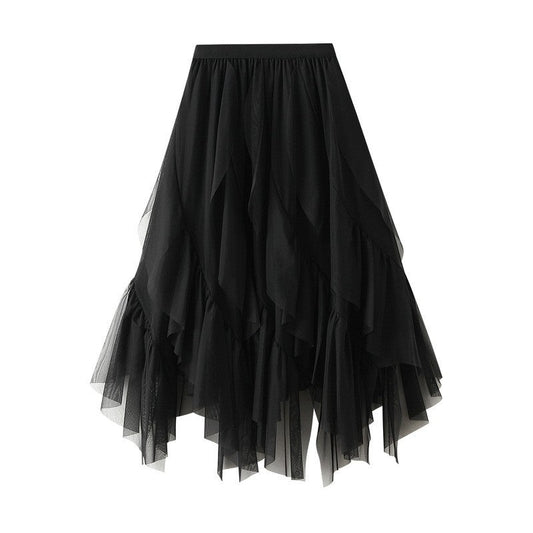 Elastic Waist Mesh Skirt with Irregular Ruffled Hem - Solid Color
