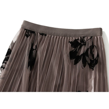 Floral Flock Mesh Patchwork A-Line Skirt