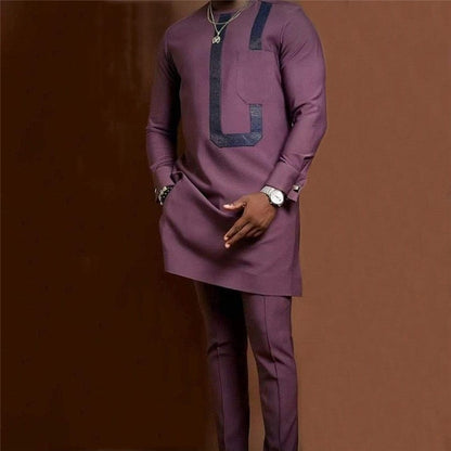 Printed Solid Color Long Sleeved Long Pants Men's Suit