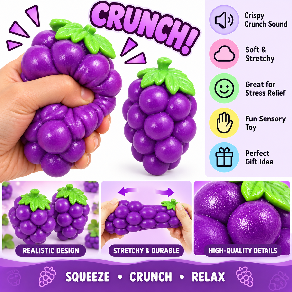 Crunchy Squishies Grape Squeeze Toy 2-Pack – Crispy Crunch Sound Soft Stretchy Stress Balls | ASMR Sensory Fidget Toys for Adults & Kids | Realistic Purple Grape Cluster Squishies