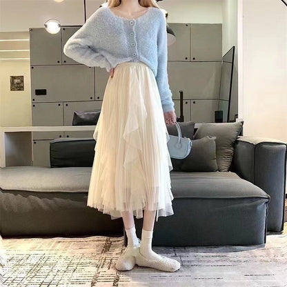 Solid Color Elastic Waist A-Line Mesh Skirt