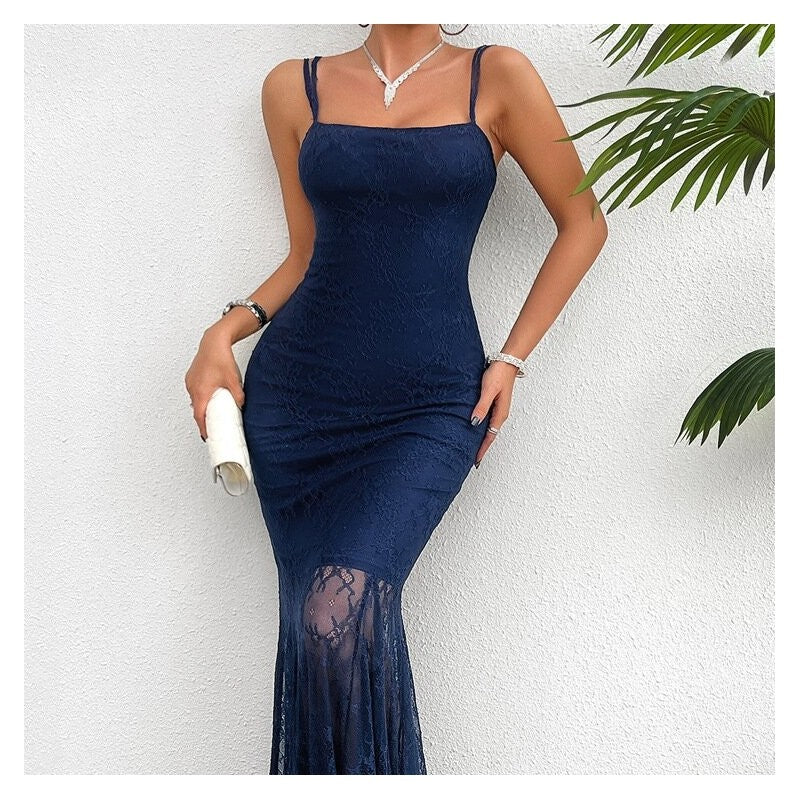 Stylish Lace Sling Dress in Solid Color