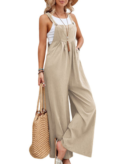Loose Plus Size Pleated Split-Joint Spaghetti-Neck Overalls